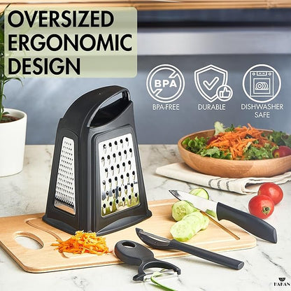 Hakan Grater, Chop and Peel Set | Handheld 3-Sided Grater with Multiple Shred Sizes, Y-Shaped Vegetable Peeler, I-Shaped Food Slicer & Spear Knife | Stainless Steel Kitchen Tools | Black, 4 Pcs