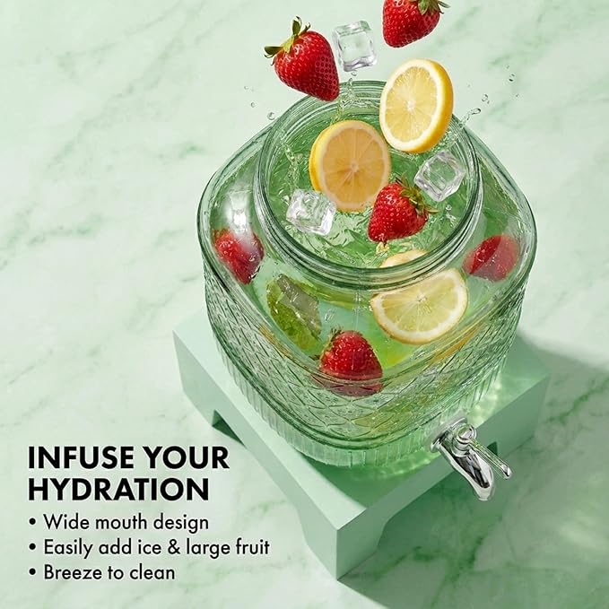 Beverage Dispenser 1 Gallon, Glass Drink Dispenser with Wooden Base Stand, Wide Mouth Jar for Lemonade, Iced Tea, Infused Water, Vintage Kitchen Decor - Green