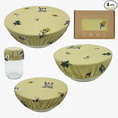 Reusable Bowl Covers (Set of 4) - Breathable Cotton Linen Sourdough Accessories - Elastic Durable Fabric Food Lids for Proofing Baskets & Bread Baking Supplies (Pale Mustard) by Lospara