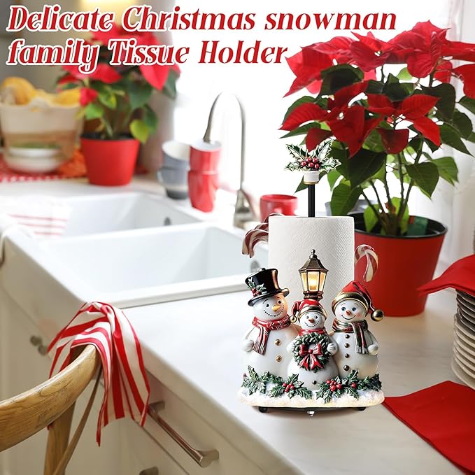 Thyle Winter Snowman Paper Towel Holder with Round Base Winter Bathroom Decor Rustic Snowman Family Dispenser Kitchen Paper Holder Stand for Christmas Xmas Countertop Toilet Home Accessories