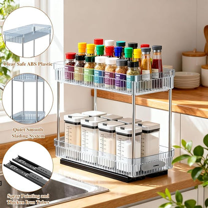 DABIGE 3 Pack Pull Out Spice Rack Organizer for Cabinet, 2 Tier Slide Out Spice Racks Organizer, Spice Cabinet Organizers, Cabinet Size Need:12'' High x 11'' Deep x 5'' Wide, Clear Acrylic - Image 7