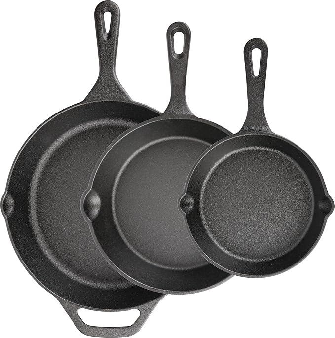 Cast Iron Skillet 3-Piece Set, 6", 8", 10" Frying Pans, Heavy-Duty Pre-Seasoned Pan Cookware Set, For Frying, Saute, Cooking, Pizza & More, Black by isheTao