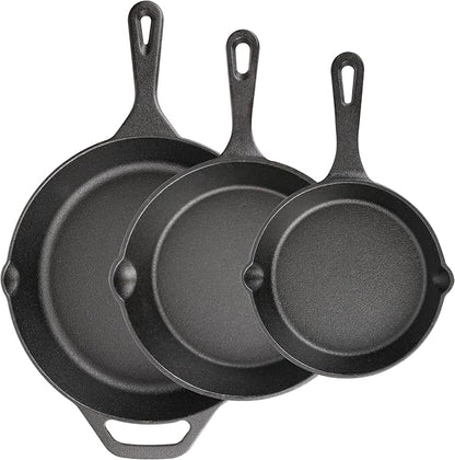 Cast Iron Skillet 3-Piece Set, 6", 8", 10" Frying Pans, Heavy-Duty Pre-Seasoned Pan Cookware Set, For Frying, Saute, Cooking, Pizza & More, Black by isheTao