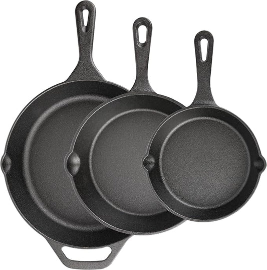 Cast Iron Skillet 3-Piece Set, 6", 8", 10" Frying Pans, Heavy-Duty Pre-Seasoned Pan Cookware Set, For Frying, Saute, Cooking, Pizza & More, Black by isheTao