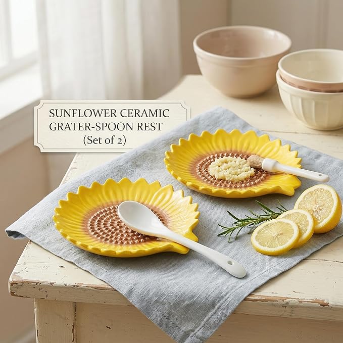 Sunflower-Shaped 2pcs Ceramic Grater Plate & Spoon Rest for Stove Top, 2-in-1 Ginger Garlic Grater with Spoon Holder, Multifunctional Kitchen Utensil Rest & Grater Dish, Farmhouse Kitchen Decor