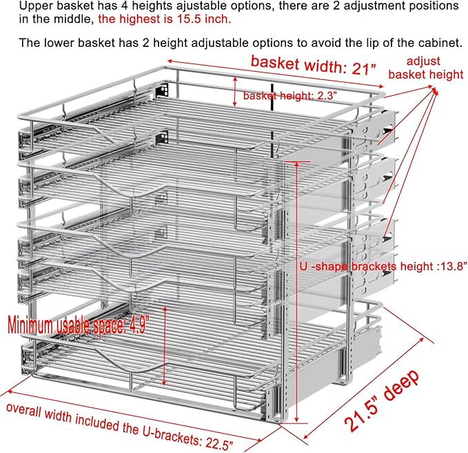 DINDON Pull Out Cabinet Organizer (22-1/2" W x 21-1/2"D), Cabinet Pull Out Shelves, 2 Tier Pull Out Drawers for Kitchen Cabinets, Wire Basket Slide Out Shelf, Pot and Pan Organizer - Image 2