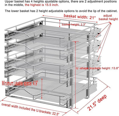 DINDON Pull Out Cabinet Organizer (22-1/2" W x 21-1/2"D), Cabinet Pull Out Shelves, 2 Tier Pull Out Drawers for Kitchen Cabinets, Wire Basket Slide Out Shelf, Pot and Pan Organizer - Image 2