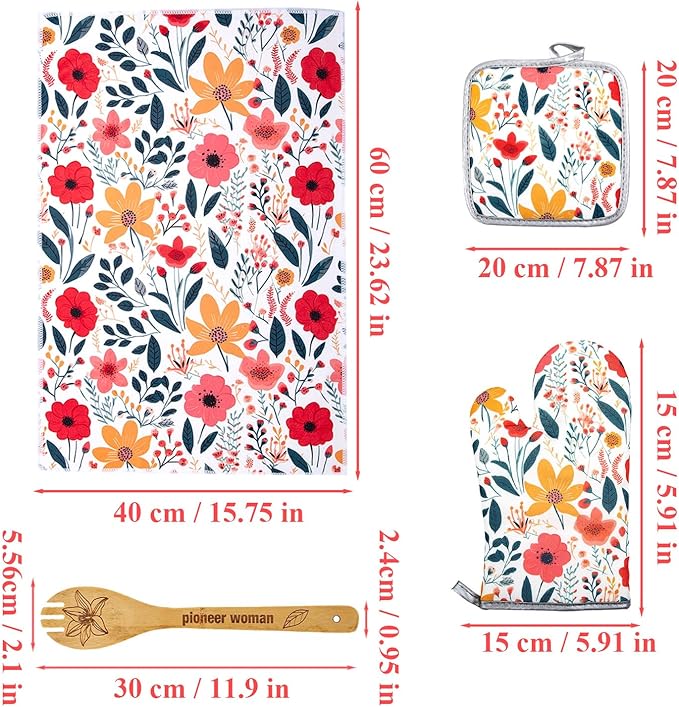13 Pcs Kitchen Stuff Accessories Include 5 Cute Wooden Spoons & 2 Kitchen Oven Mitts & 2 Pot Holders & 2 Kitchen Apron & 2 Kitchen Towel,Gifts for Women
