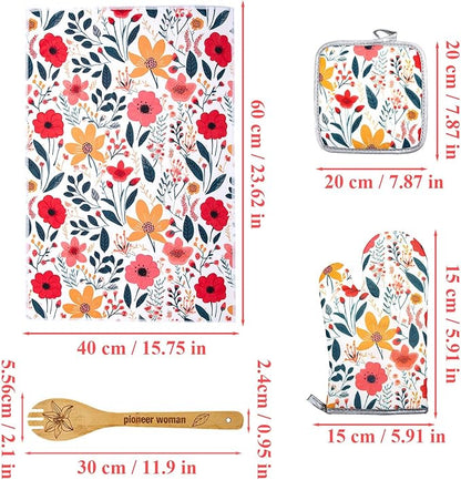 13 Pcs Kitchen Stuff Accessories Include 5 Cute Wooden Spoons & 2 Kitchen Oven Mitts & 2 Pot Holders & 2 Kitchen Apron & 2 Kitchen Towel,Gifts for Women
