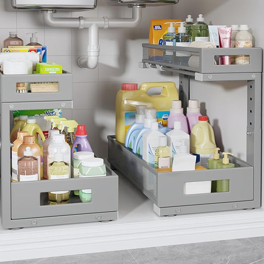 2 Pack 17IN Depth Under Sink Storage Organizer, Large 2-Tier Elegant Mesh Pull Out Shelf for Kitchen and Bathroom Cabinet Organization, L-Shaped and Adjustable Height Design-Gun Gray by UnderSinkOrganizer
