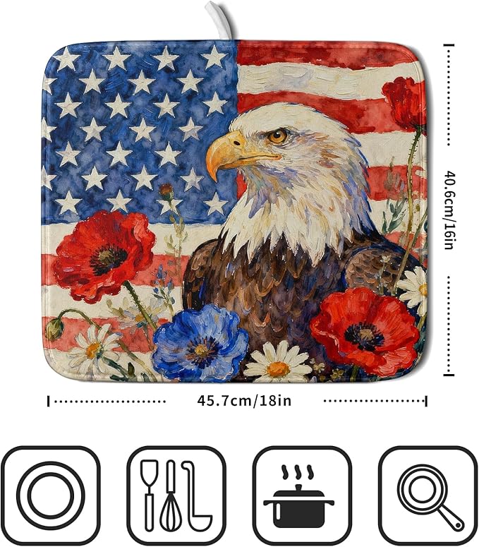 4th of July American Flag Eagle Dish Drying Mat for Kitchen Counter 16x18 Patriotic Floral Memorial Day Absorbent Reversible Microfiber Drying Mats Kitchen Countertop Protector Dishes Drainer Pad - Image 2