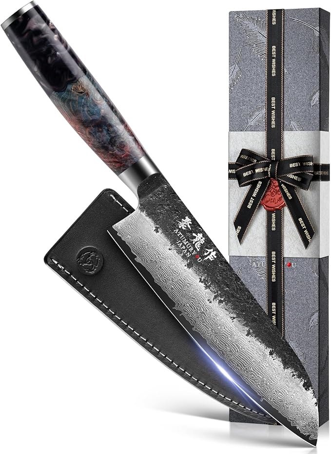 Japanese Santoku Knife 7 Inch, Hand Forged 67 Layers Damascus VG10 Steel Core Chef Knife for Home ＆ Professional Chefs, Kitchen Knives with Leather Sheath and Luxury Gift Box, Ideal Cooking Gift