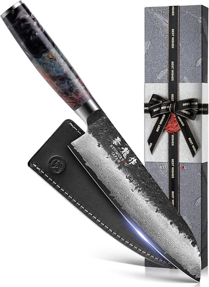 Japanese Santoku Knife 7 Inch, Hand Forged 67 Layers Damascus VG10 Steel Core Chef Knife for Home ＆ Professional Chefs, Kitchen Knives with Leather Sheath and Luxury Gift Box, Ideal Cooking Gift