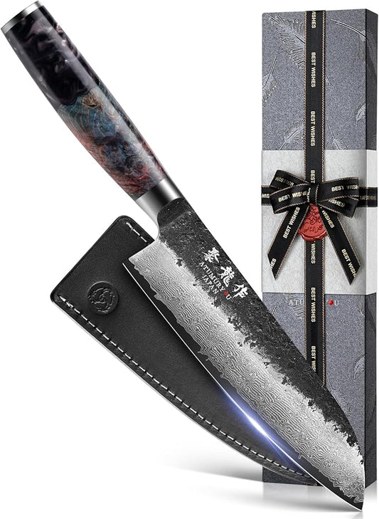 Japanese Santoku Knife 7 Inch, Hand Forged 67 Layers Damascus VG10 Steel Core Chef Knife for Home ＆ Professional Chefs, Kitchen Knives with Leather Sheath and Luxury Gift Box, Ideal Cooking Gift