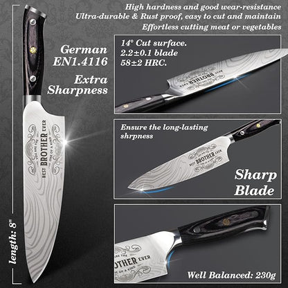 Funistree Gifts for Brother Men, Kitchen Cooking Knife Brother Gifts for Birthday, 8 inch Professional German High Carbon Stainless Steel Chef Knife, Brother Birthday Gifts Stocking Stuffers