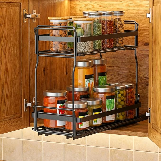 Pull Out Spice Rack Organizer for Inside Kitchen Cabinets, Heavy Duty Slide Out Seasoning Kitchen Organizer, 2 Tier Vertical Sliding Seasoning Organizer, 10.5" D x 5.1" W x 9.6" H