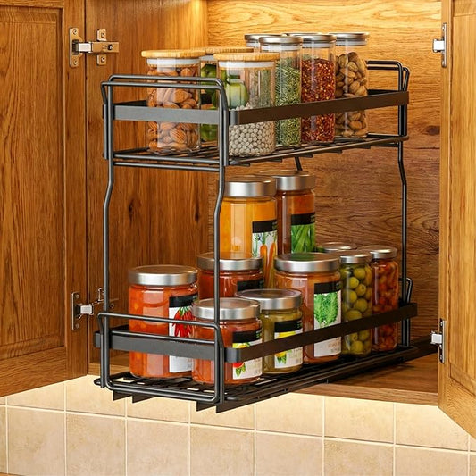 Pull Out Spice Rack Organizer for Inside Kitchen Cabinets, Heavy Duty Slide Out Seasoning Kitchen Organizer, 2 Tier Vertical Sliding Seasoning Organizer, 10.5" D x 5.1" W x 9.6" H