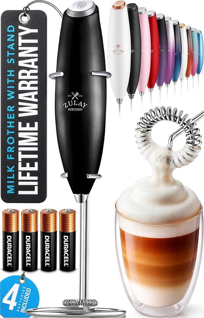 Zulay Kitchen Powerful Milk Frother Wand With 4 AA Duracell Batteries - Ultra Fast Handheld Drink Mixer - Electric Whisk Foam Maker for Coffee, Lattes, Cappuccino, Matcha & Creamer - Metallic Black by ZulayKitchen