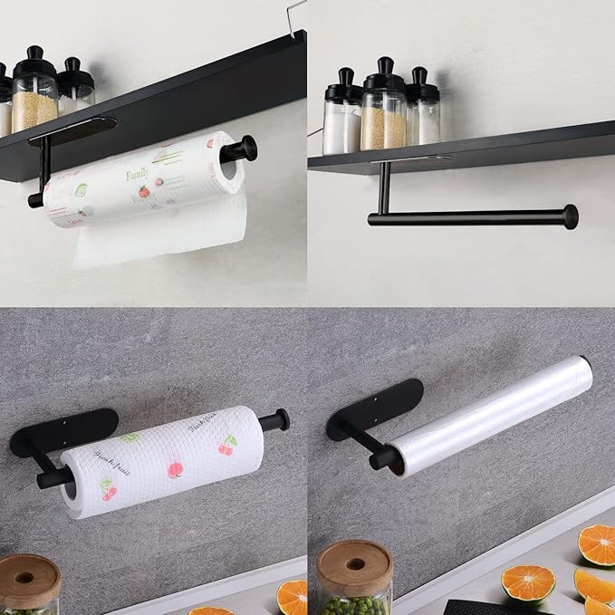 Paper Towel Holder with 2 Hooks-Under Cabinet Paper Towel Holder for Kitchen, Self-Adhesive or Screws, Space Saving Wall Mounted Kitchen Roll Holder, Bathroom, Stainless Steel Matte Black