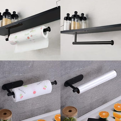 Paper Towel Holder with 2 Hooks-Under Cabinet Paper Towel Holder for Kitchen, Self-Adhesive or Screws, Space Saving Wall Mounted Kitchen Roll Holder, Bathroom, Stainless Steel Matte Black