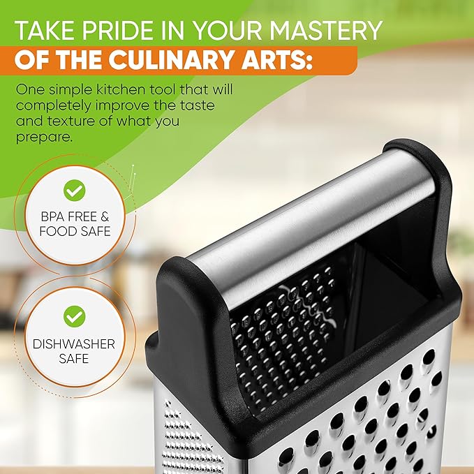 Spring Chef Professional Cheese Grater - Stainless Steel, XL Size, 4 Sides - Perfect Box Grater for Parmesan Cheese, Vegetables, Ginger - Dishwasher Safe - Black - Image 5