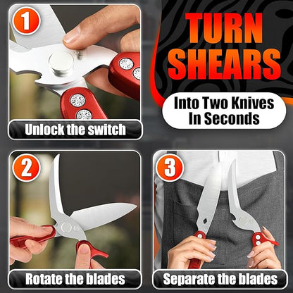4-in-1 Kitchen Shears Heavy Duty - Detachable Poultry Shears with Micro-Serrated Blades, Spring-Loaded Action & Non-Slip Metal Handle, Dishwasher Safe - Bone Cutting Scissors for Chicken & Meat Prep