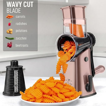 Zulay Kitchen Rotary Cheese Grater 5 Blade Cheese Shredder - Manual Hand Crank Cheese Grater With Reinforced Suction & 5 Interchangeable Drums - Easy to Use, Vegetable Chopper Round Mandoline Slicer - Image 4