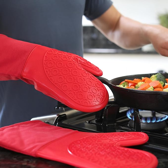 BPA-Free Silicone Oven Mitts Ultra Heat Resistant up to 500°F - Oven Mitts with Thick Cotton Liner - Long Slip Resistant Pot Holders, Flexible Oven Gloves - Canyon Red 13.7 - Image 9