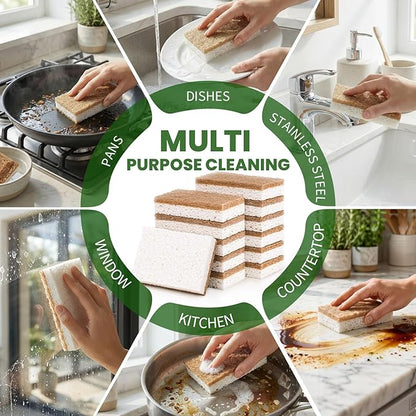 Metflavor 6 Pack Natural Kitchen Sponges, Biodegradable Non-Scratch Cellulose Sponge with Coconut Scrubber for Dishes, Compostable, Non Toxic Cleaning Sponges for Kitchen, Bathroom, Household