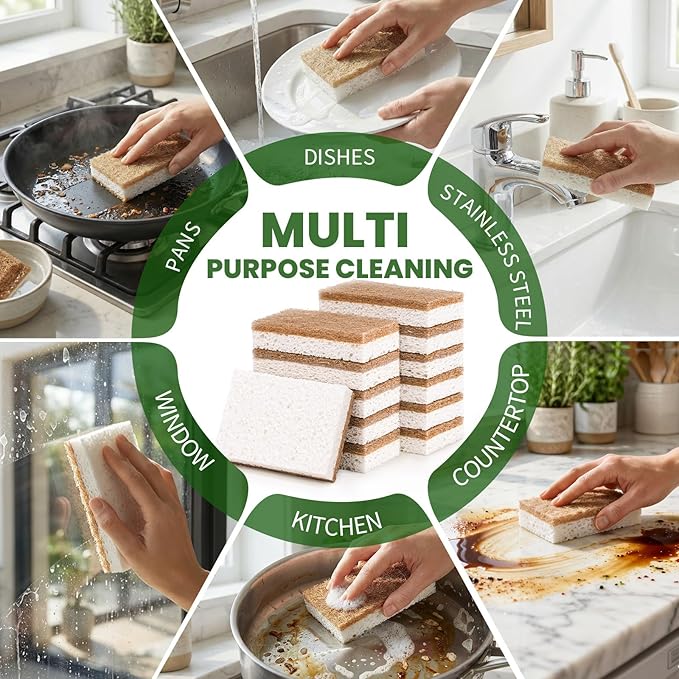 Metflavor 24 Pack Natural Kitchen Sponges, Biodegradable Non-Scratch Cellulose Sponge with Coconut Scrubber for Dishes, Compostable, Non Toxic Cleaning Sponges for Kitchen, Bathroom, Household