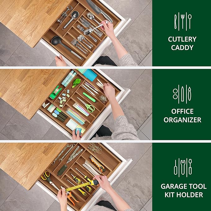 ROYAL CRAFT WOOD Luxury Bamboo Kitchen Drawer Organizer - Silverware Organizer - Utensil Holder and Cutlery Tray with Grooved Drawer Dividers for Flatware and Kitchen Utensils (9 Slot, Brown Bamboo) - Image 8