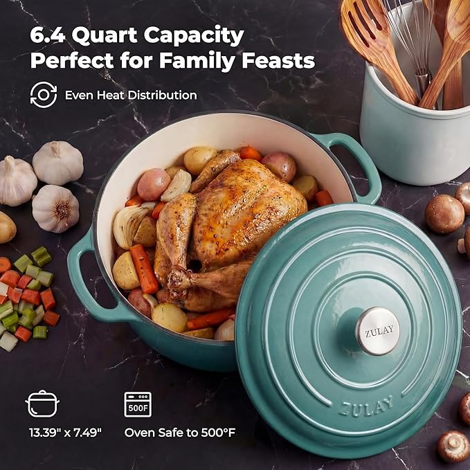 Zulay Kitchen 6 Quart Enameled Cast Iron Dutch Oven Pot with Lid – Premium Durability & Oven Safe up to 500°F – Heavy Duty Cookware Perfect for Bread Baking, Stews, Braising & Roasting - Aventurine - Image 6