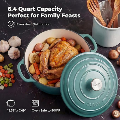 Zulay Kitchen 6 Quart Enameled Cast Iron Dutch Oven Pot with Lid – Premium Durability & Oven Safe up to 500°F – Heavy Duty Cookware Perfect for Bread Baking, Stews, Braising & Roasting - Aventurine - Image 6