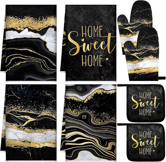 Leinuosen 8 Pcs Black Marble Kitchen Decor Dish Towels and Oven Mitts Sets Pot Holders and Dishcloths Farmhouse Kitchen Accessories Decorative Set for Chef Baking Cooking Daughter Mom Gift