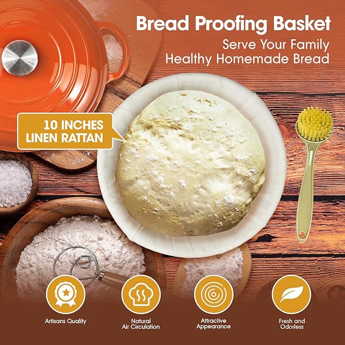 5QT Enameled Cast Iron Dutch Oven for Bread & Multi-Cooking – Complete Sourdough Starter Kit with Lid ,Probe Thermometer, Proofing Basket, Silicone Sling & Gift Packaging Bags,Oven Safe up to 500°F (Orange)