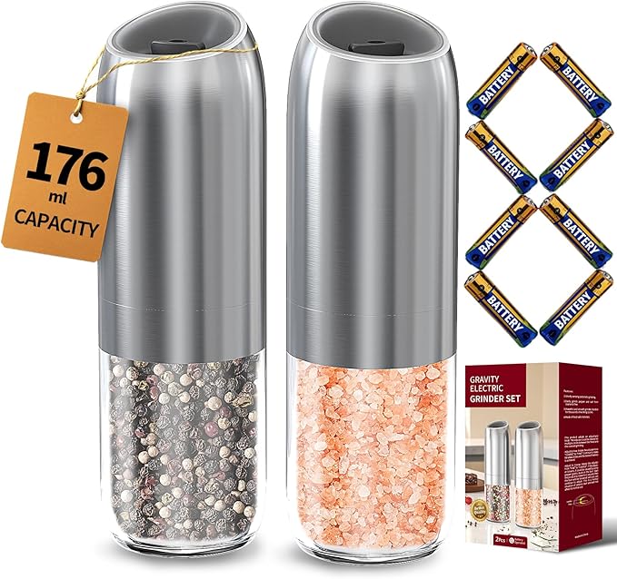 CIRCLE JOY Gravity Electric Salt and Pepper Grinder Set, Battery Powered Automatic Pepper Mills with Adjustable Coarseness, One Hand Operation, 176ml Large Container, Silver - Includes 8 Batteries by CIRCLEJOY