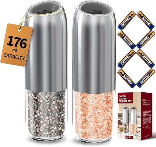 CIRCLE JOY Gravity Electric Salt and Pepper Grinder Set, Battery Powered Automatic Pepper Mills with Adjustable Coarseness, One Hand Operation, 176ml Large Container, Silver - Includes 8 Batteries by CIRCLEJOY