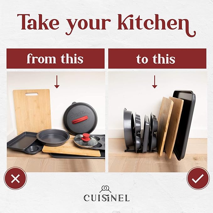 Cuisinel Lid and Dish Organizer Rack - 2-Pack Satin Nickel Kitchen Storage Organization Stand - Plate Holder, Pan/Pot Covers, Cutting Board and Cookie Sheet Divider - 7-Tier Cabinet/Counter Display - Image 3