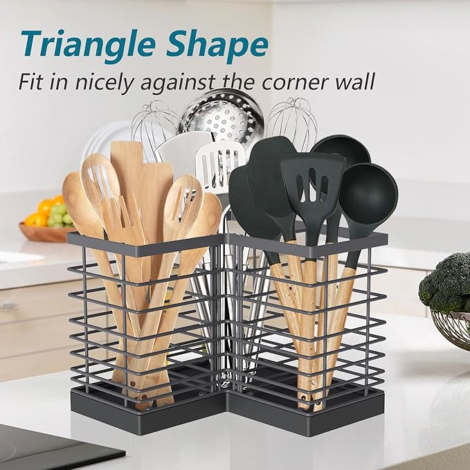 Suli Kitchen Utensil Holder with 3 Compartments，Grey Metal Corner Kitchen Caddy for Countertop，Farmhouse Rustic Cooking Storage-Grey - Image 7