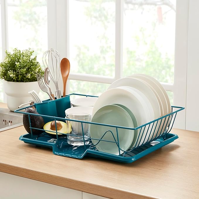Space-Saving 3-Piece Dish Drainer Rack Set ✅ Efficient Kitchen Organizer for Quick Drying and Storage ✅ Includes Cutlery Holder and Drainboard ✅ Maximize Countertop Space, Blue/Green Teal - Image 3