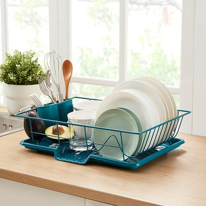 Space-Saving 3-Piece Dish Drainer Rack Set ✅ Efficient Kitchen Organizer for Quick Drying and Storage ✅ Includes Cutlery Holder and Drainboard ✅ Maximize Countertop Space, Blue/Green Teal - Image 3