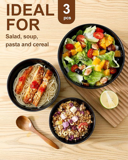 HASENSE Small Mixing Bowls of 3, Porcelain Ribbed Black Bowls 1.5/1/0.5 Qt For Kitchen, Cooking, Baking and Serving Prep Bowls for Salad, Pasta, Modern Kitchen Dish Dishwasher & Microwave Safe