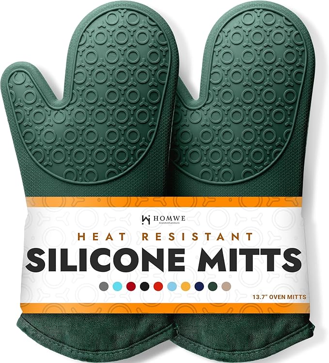 BPA-Free Silicone Oven Mitts Ultra Heat Resistant up to 500°F - Oven Mitts with Thick Cotton Liner - Long Slip Resistant Pot Holders, Flexible Oven Gloves - Green 13.7 by HOMWE