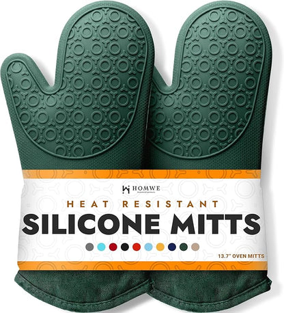 BPA-Free Silicone Oven Mitts Ultra Heat Resistant up to 500°F - Oven Mitts with Thick Cotton Liner - Long Slip Resistant Pot Holders, Flexible Oven Gloves - Green 13.7 by HOMWE