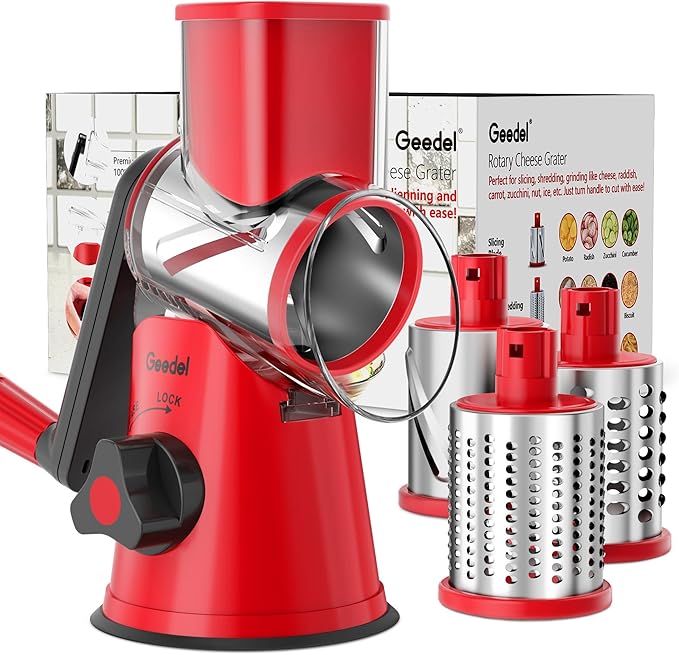 Geedel Rotary Cheese Grater, Kitchen Mandoline Vegetable Slicer with 3 Interchangeable Blades, Easy to Clean Grater for Fruit, Vegetables, Nuts by Geedel