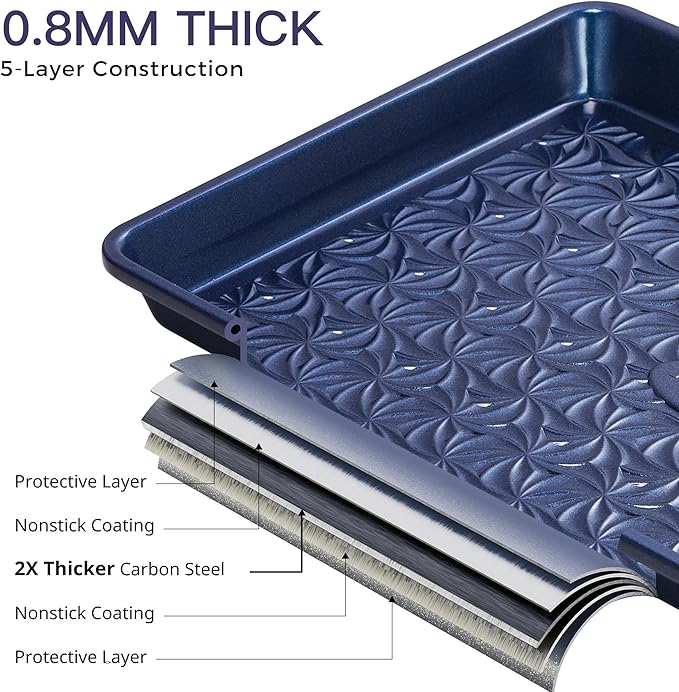 HONGBAKE Nonstick Baking Sheet Pan Set of 3, Cookie Sheets for Oven, Non-Toxic Half/Quarter/Jelly Roll Pans with Floral Swirl Texture, Heavy Duty 0.8mm Thick Oven Trays for Cooking, Blue - Image 7