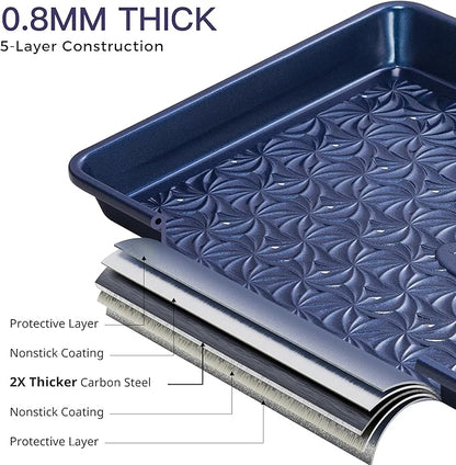 HONGBAKE Nonstick Baking Sheet Pan Set of 3, Cookie Sheets for Oven, Non-Toxic Half/Quarter/Jelly Roll Pans with Floral Swirl Texture, Heavy Duty 0.8mm Thick Oven Trays for Cooking, Blue - Image 7