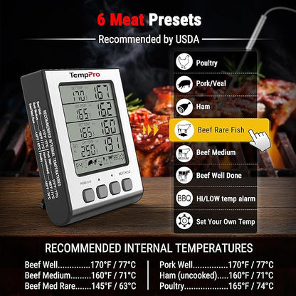 TempPro TP17H Digital Meat Thermometer with 4 Temperature Probes, HI/Low Alarm Smoker Food Thermometer with Colored Backlit LCD, BBQ Thermometer for Cooking Grill Kitchen Oven (Previously ThermoPro) - Image 3