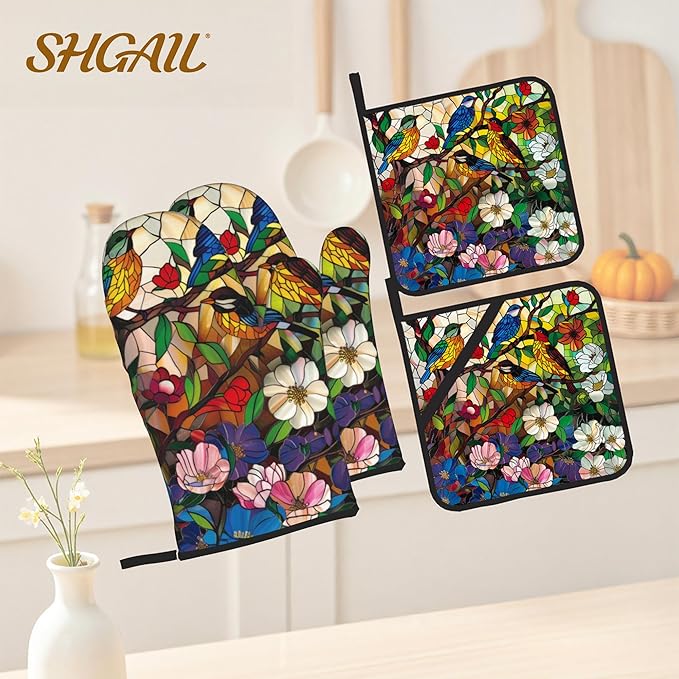 Abstract Bird Oven Mitts & Potholder Set of 4 - Heat Resistant Kitchen Gloves Hot Pads for Baking, Cooking, Gifts for Women