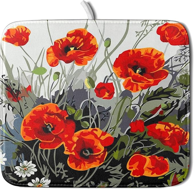 Giwawa Poppy Dish Drying Mat 16x18 inch for Kitchen Vintage Red Orange Floral Dish Drying Pad Oil Painting Flower Dish Drainer Mats Absorbent Microfiber Protector for Countertop Coffee Bar
